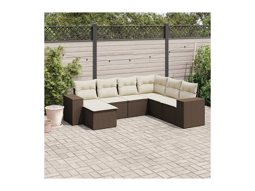 Salon de jardin avec coussins 7 pcs marron résine tressée