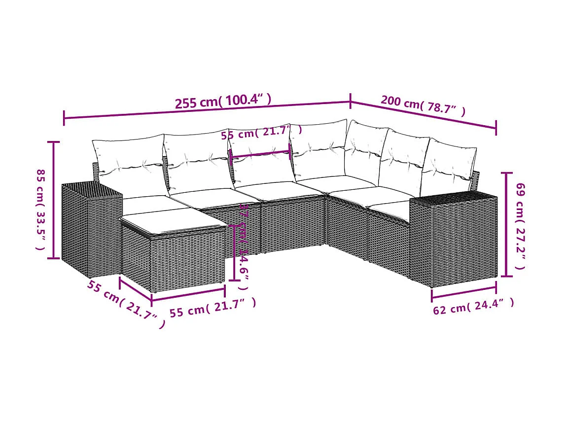 Conjunto de móveis de jardim com almofadas 7 peças resina de vime marrom