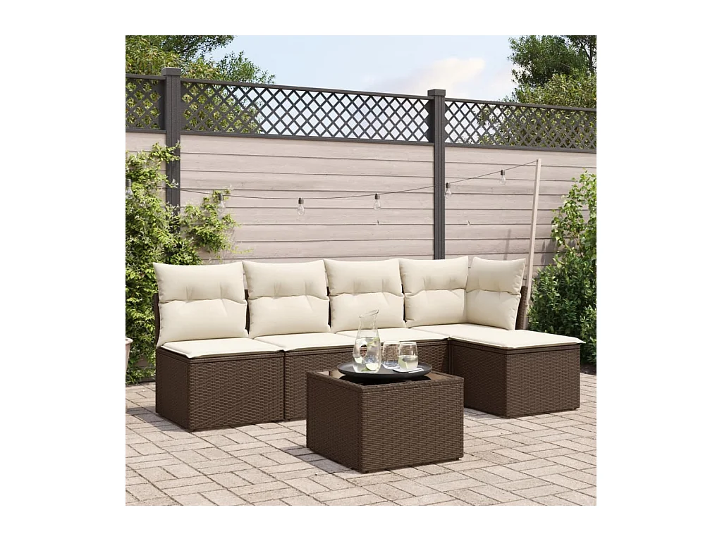 Set di mobili da giardino con cuscini 6 pezzi in resina intrecciata marrone