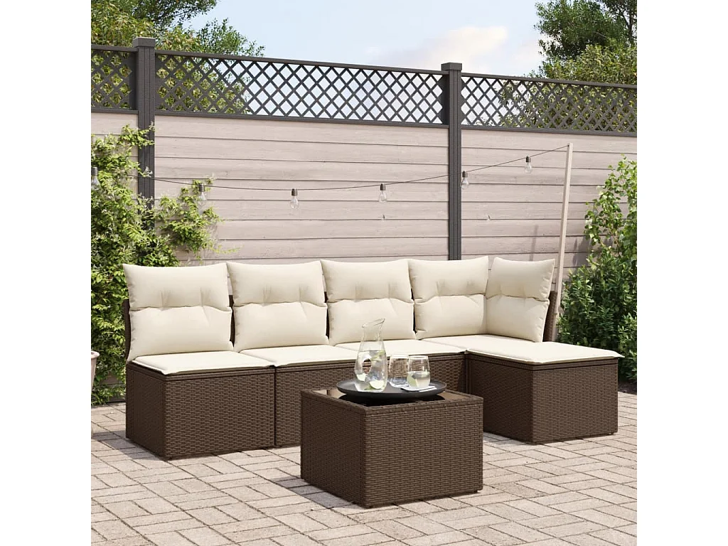 Set di mobili da giardino con cuscini 6 pezzi in resina intrecciata marrone