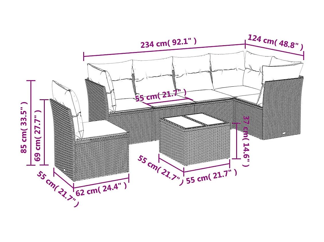 Salon de jardin avec coussins 7 pcs marron résine tressée