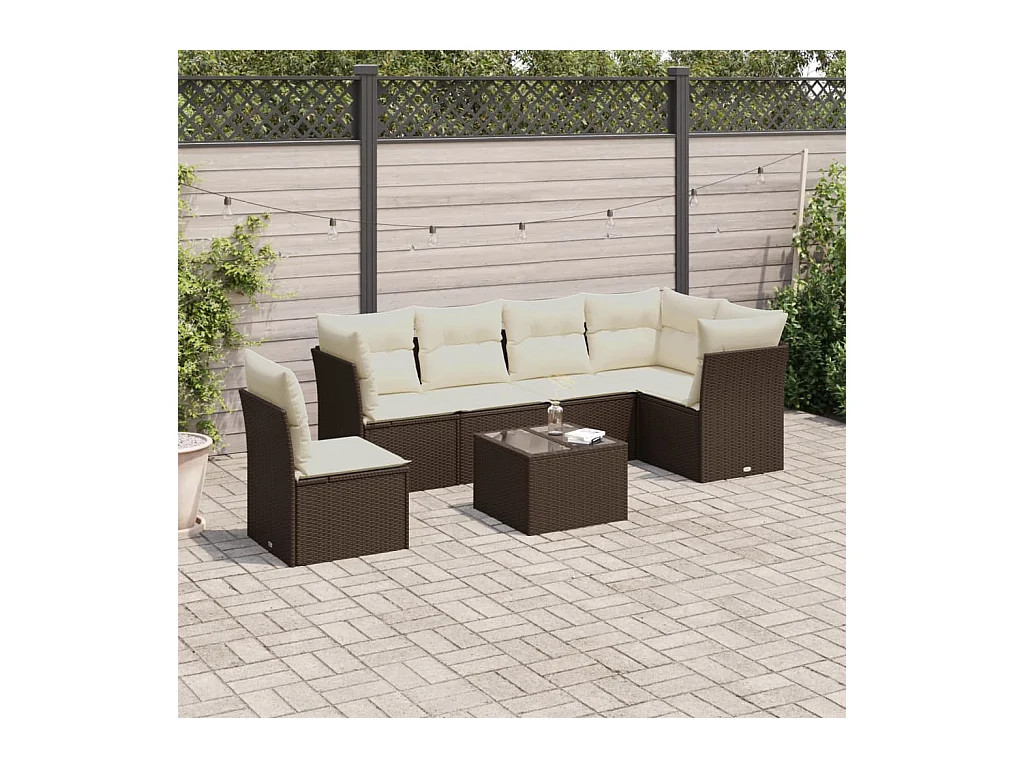 Salon de jardin avec coussins 7 pcs marron résine tressée