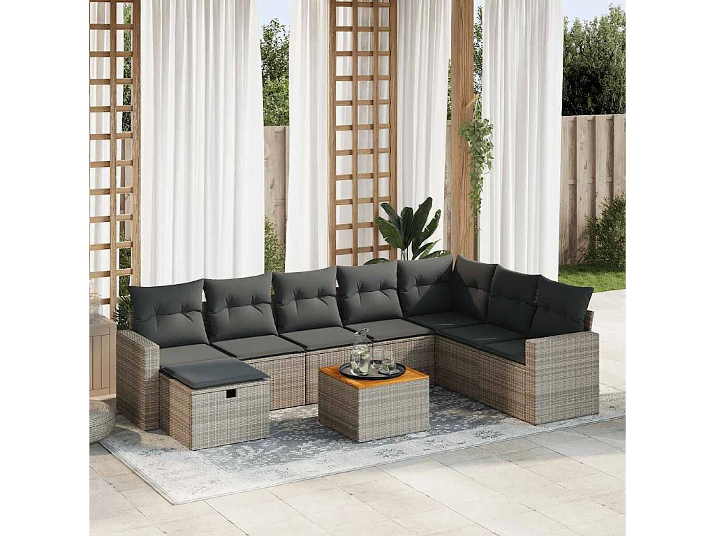Salon de jardin 9 pcs avec coussins gris résine tressée