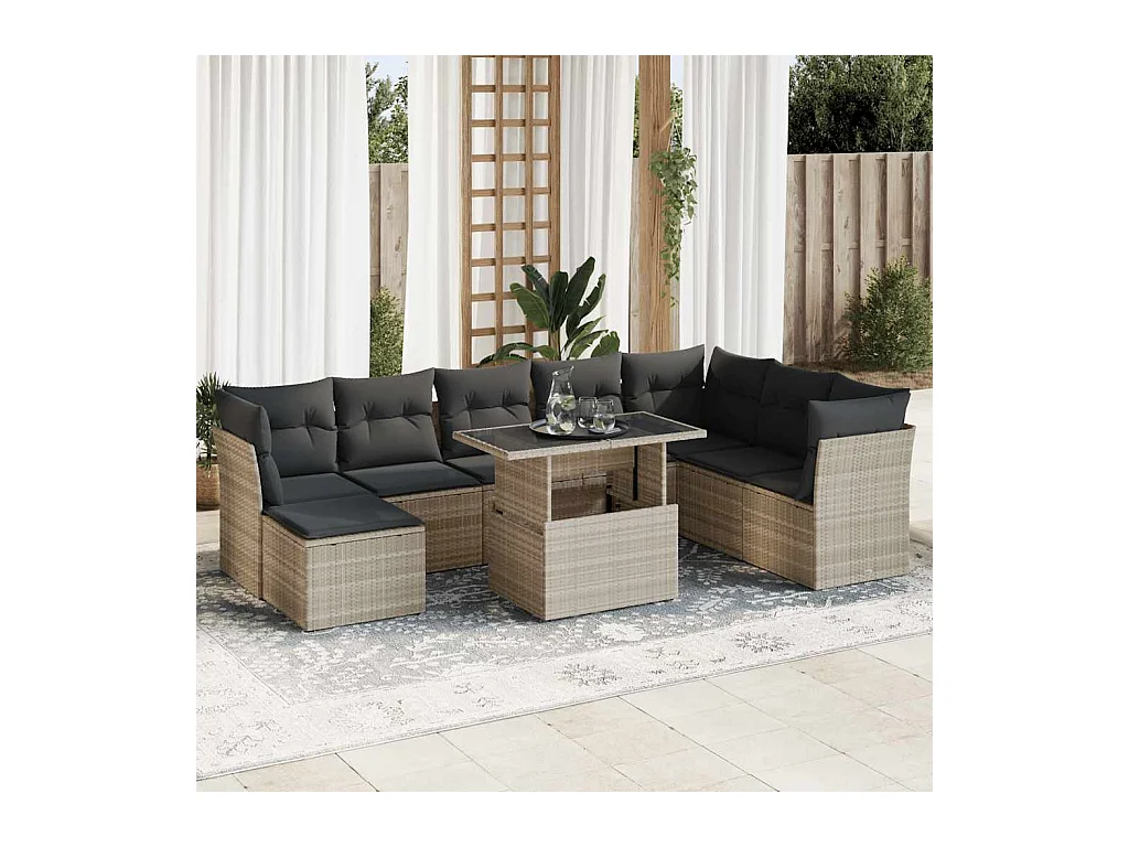 Set di mobili da giardino da 9 pezzi con cuscini grigio chiaro in resina intrecciata