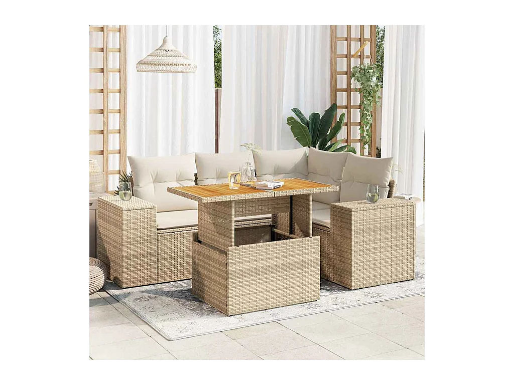 Set mobili da giardino con cuscini 5 pezzi in resina intrecciata beige
