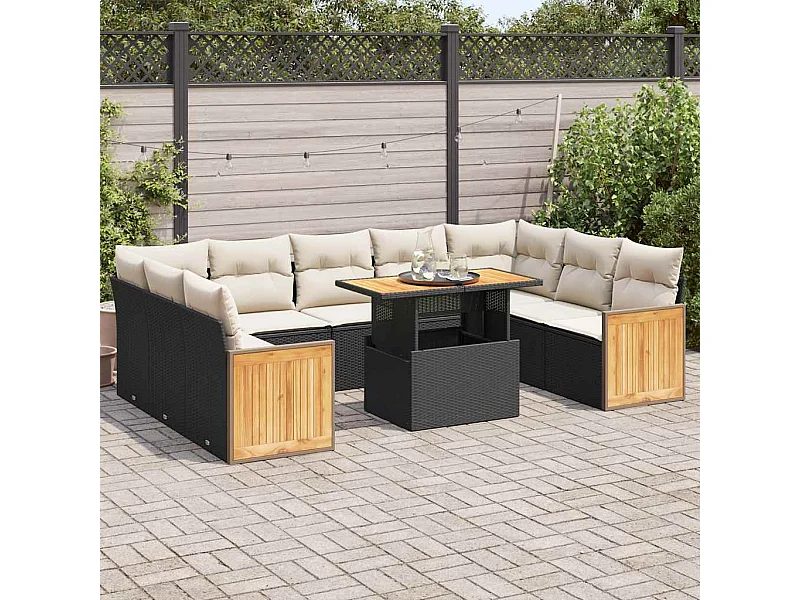 Salon de jardin 10 pcs avec coussins noir résine tressée acacia