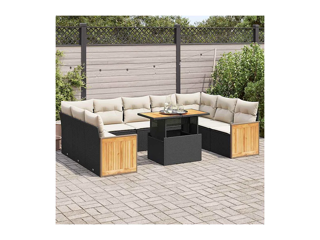 Set di mobili da giardino da 10 pezzi con cuscini neri in vimini di resina di acacia