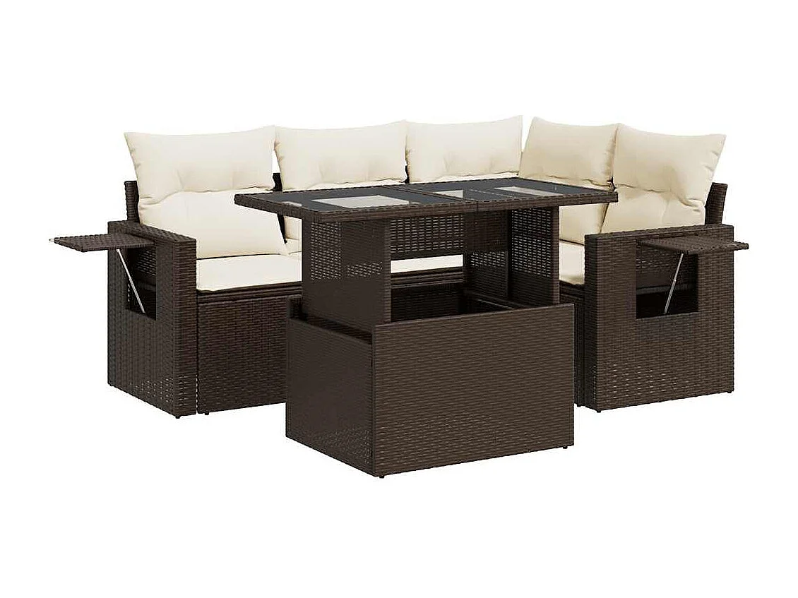 Set di mobili da giardino con cuscini 5 pezzi in resina intrecciata marrone