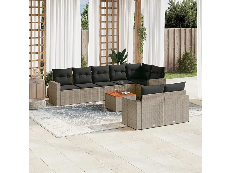 Conjunto de móveis de jardim de 9 peças com almofadas cinza em resina trançada