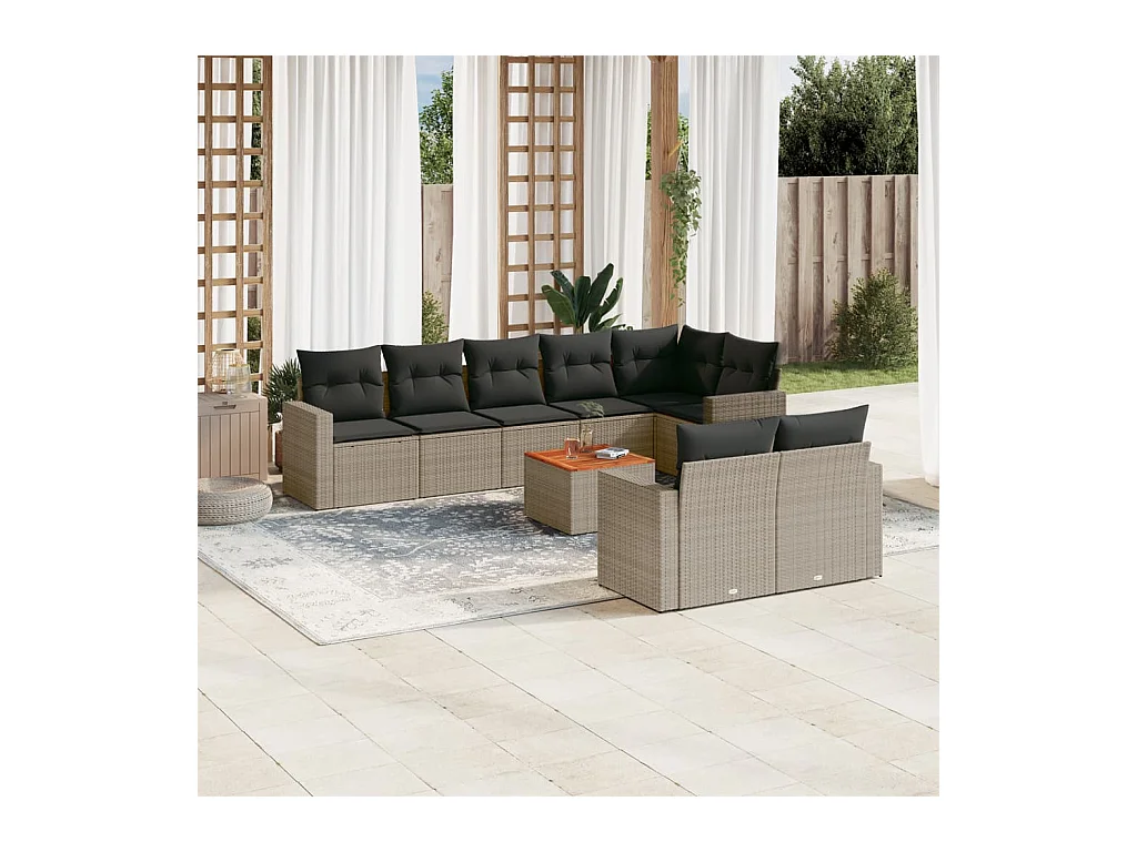 Set di mobili da giardino da 9 pezzi con cuscini grigi in resina intrecciata