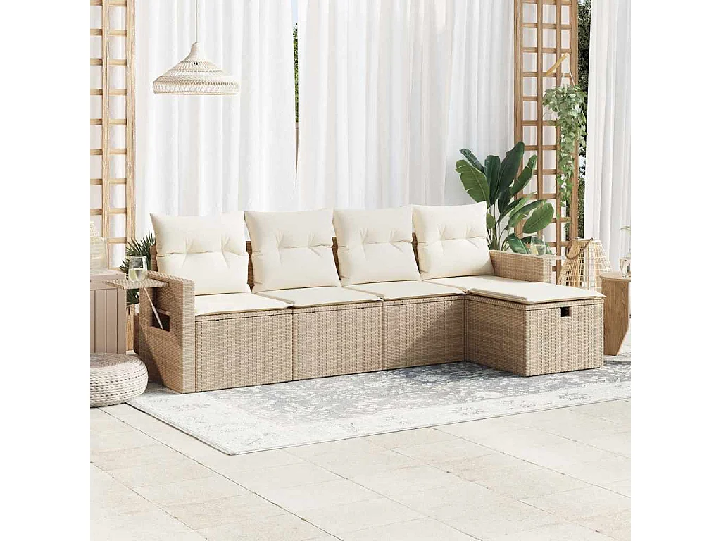 Set mobili da giardino con cuscini 5 pezzi in resina intrecciata beige