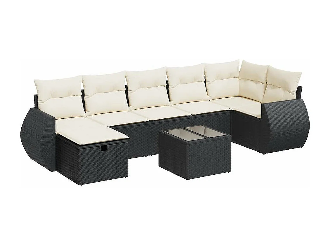 Set di mobili da giardino da 8 pezzi con cuscini neri in resina intrecciata