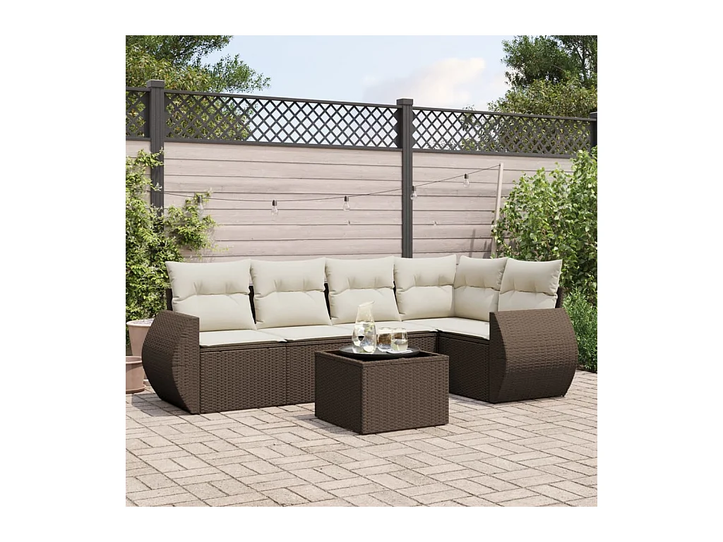 Set di mobili da giardino con cuscini 6 pezzi in resina intrecciata marrone