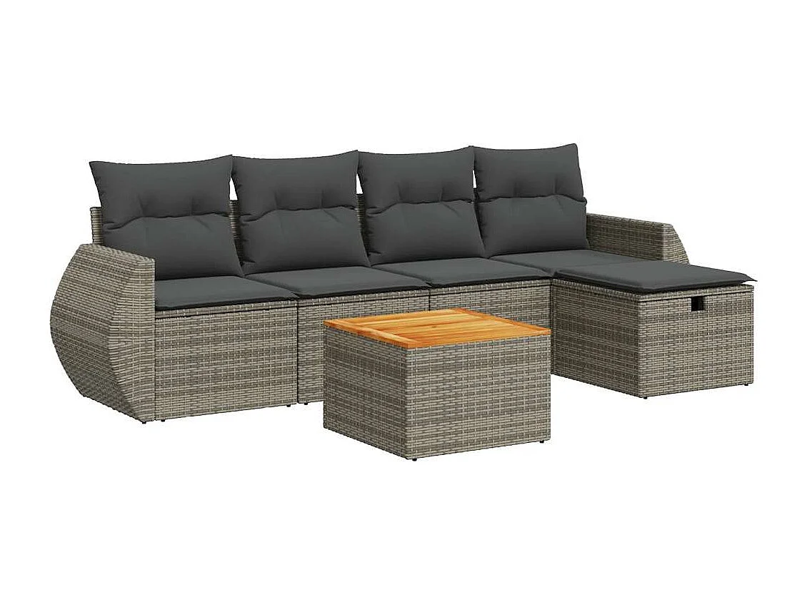Salon de jardin 6 pcs avec coussins gris résine tressée