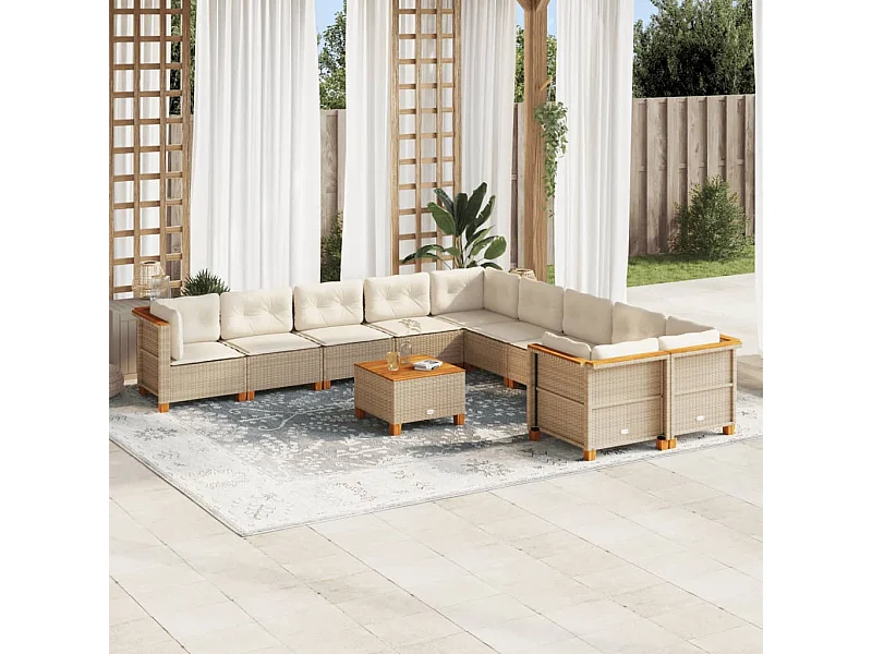 Conjunto de móveis de jardim de 11 peças com almofadas de vime de resina bege