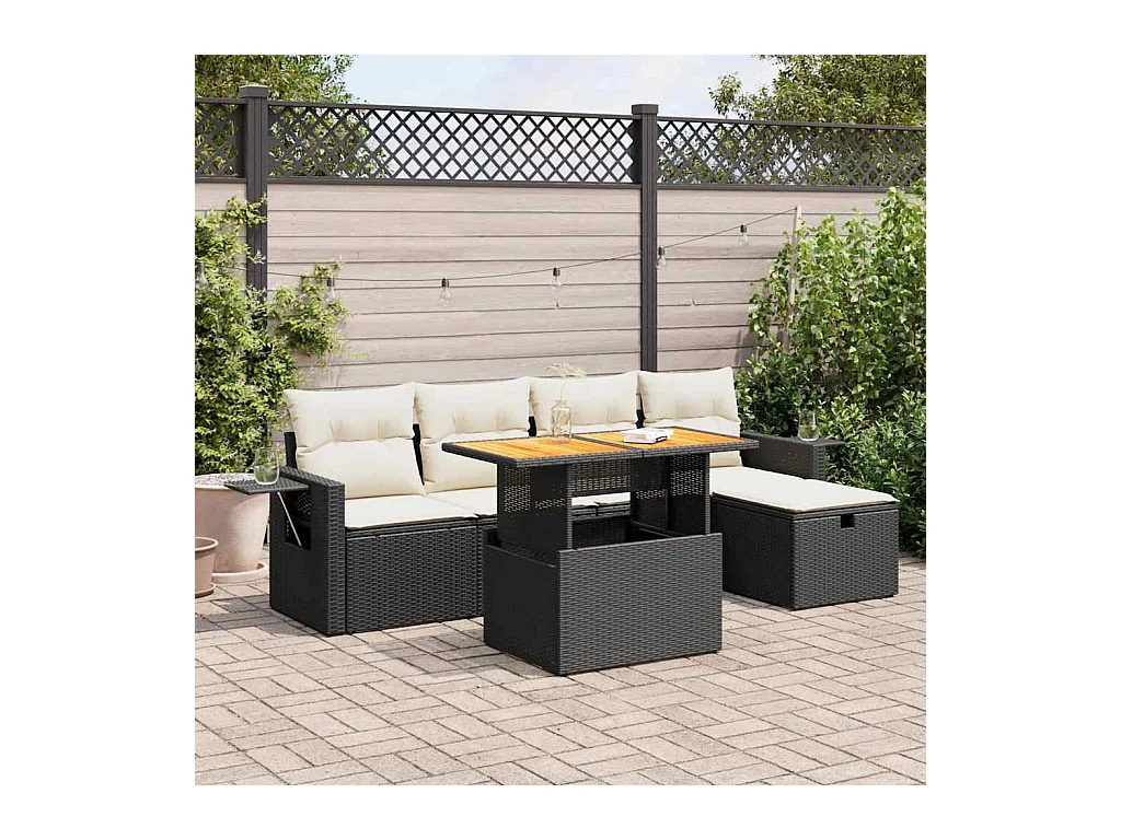 Salon de jardin 6 pcs avec coussins noir résine tressée acacia