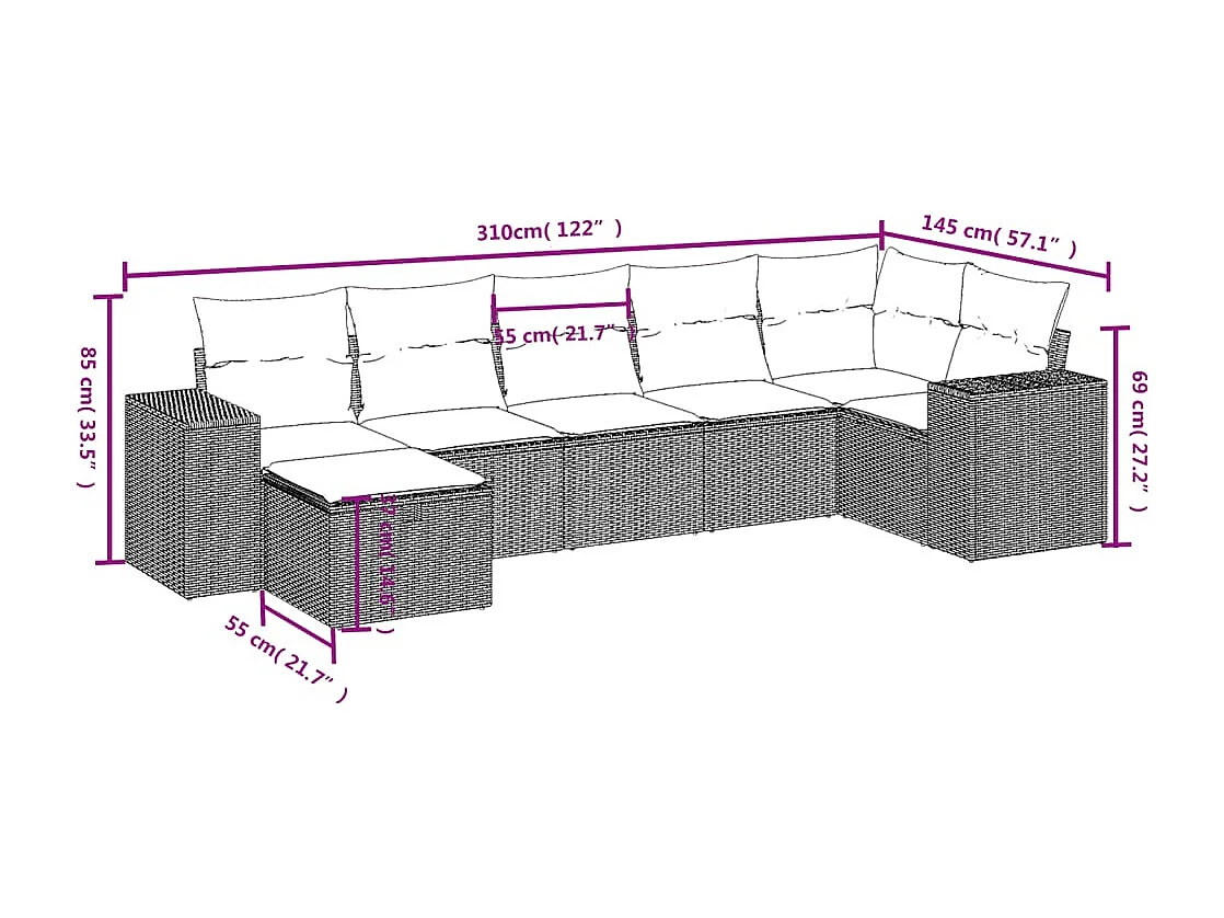 Conjunto de móveis de jardim com almofadas 7 peças resina de vime marrom