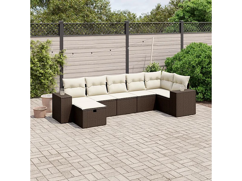 Set mobili da giardino con cuscini 7 pz in resina vimini marrone