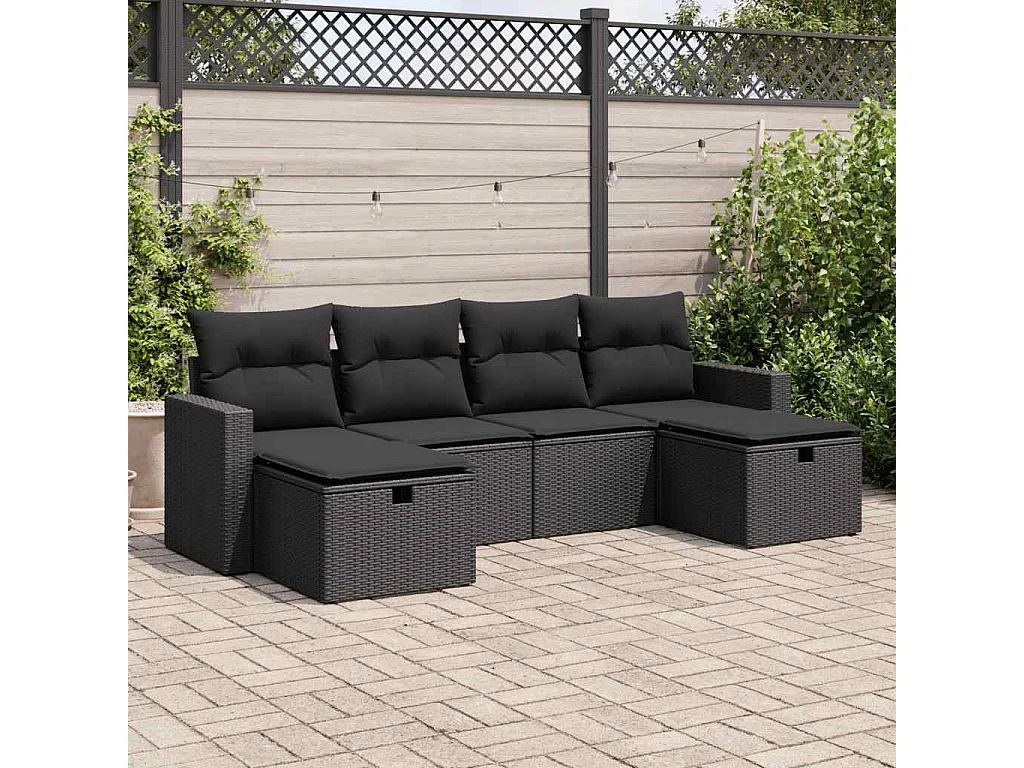 Conjunto de móveis de jardim de 6 peças com almofadas pretas em resina trançada