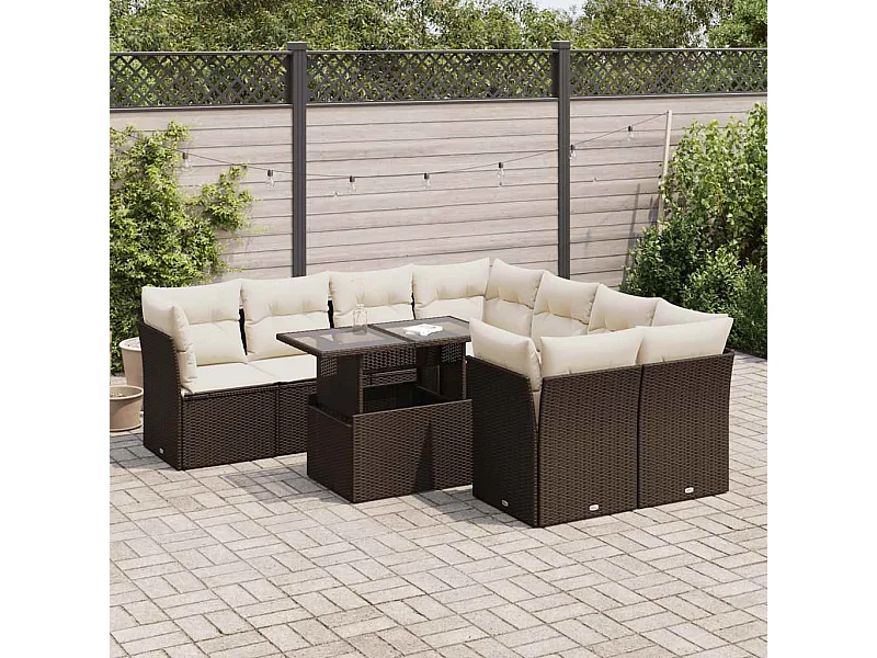 Salon de jardin avec coussins 9 pcs marron résine tressée