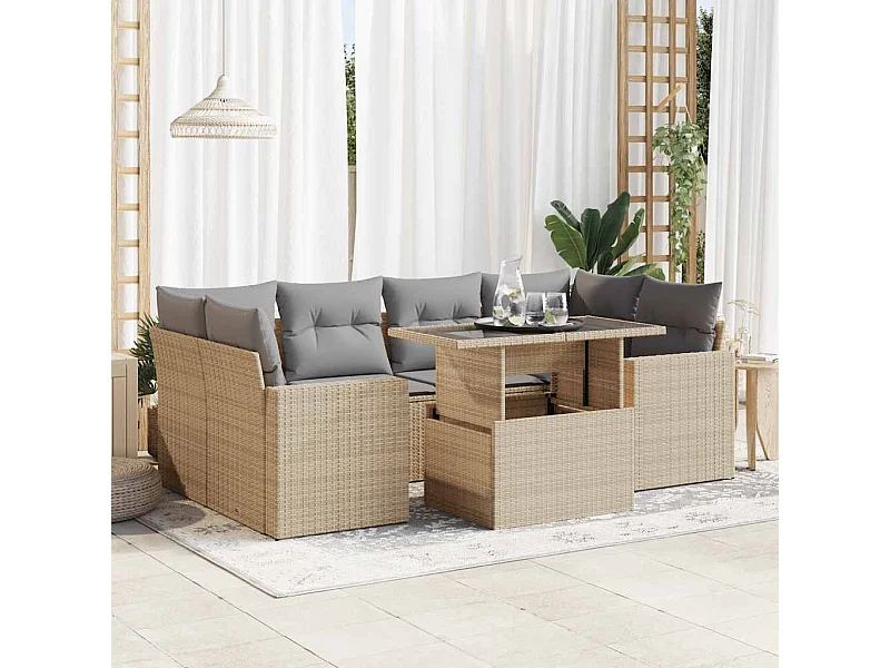 Salon de jardin avec coussins 7 pcs beige résine tressée