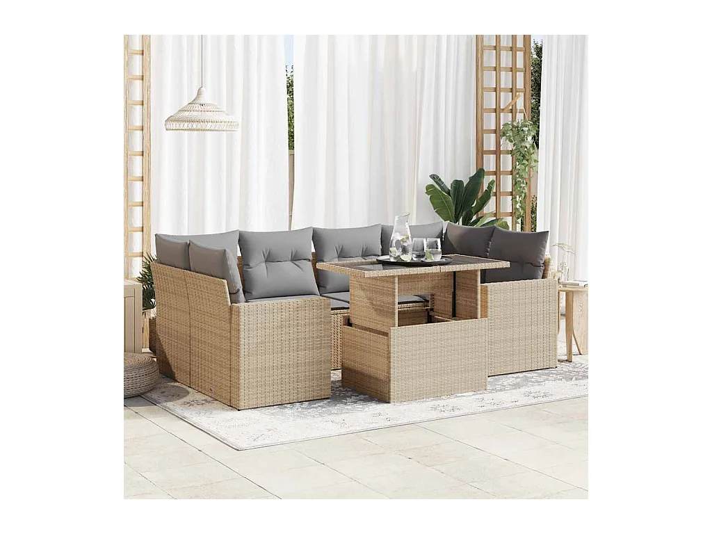 Set mobili da giardino con cuscini 7 pz beige resina intrecciata