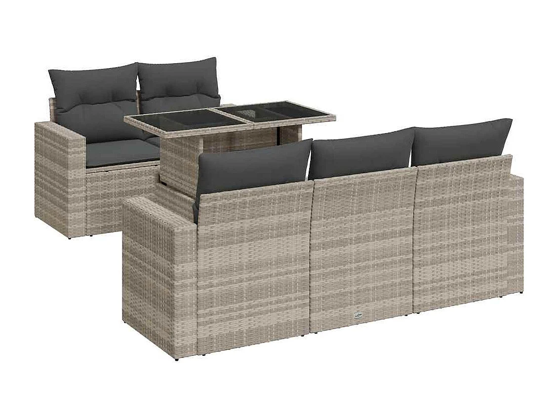 Salon de jardin 6 pcs avec coussins gris clair résine tressée