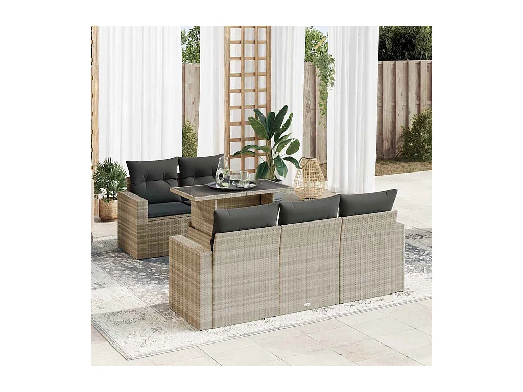 Set di mobili da giardino da 6 pezzi con cuscini grigio chiaro in resina intrecciata