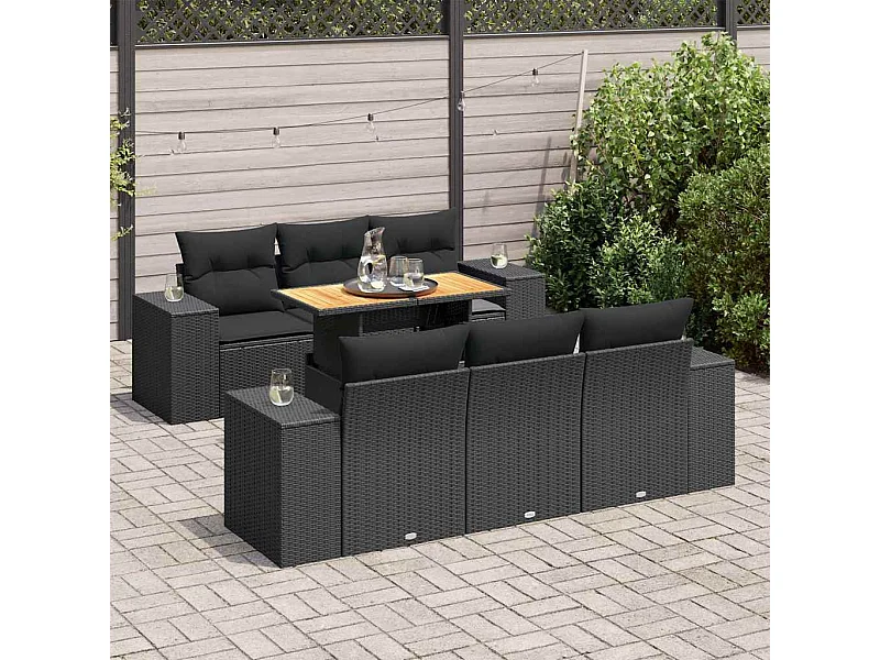 Salon de jardin 7 pcs avec coussins noir résine tressée