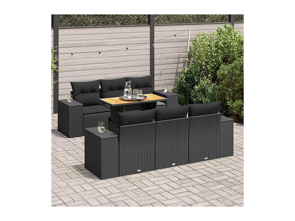 Set di mobili da giardino 7 pezzi con cuscini neri in resina intrecciata