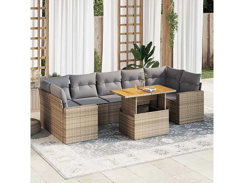 Salon de jardin avec coussins 8 pcs beige résine tressée