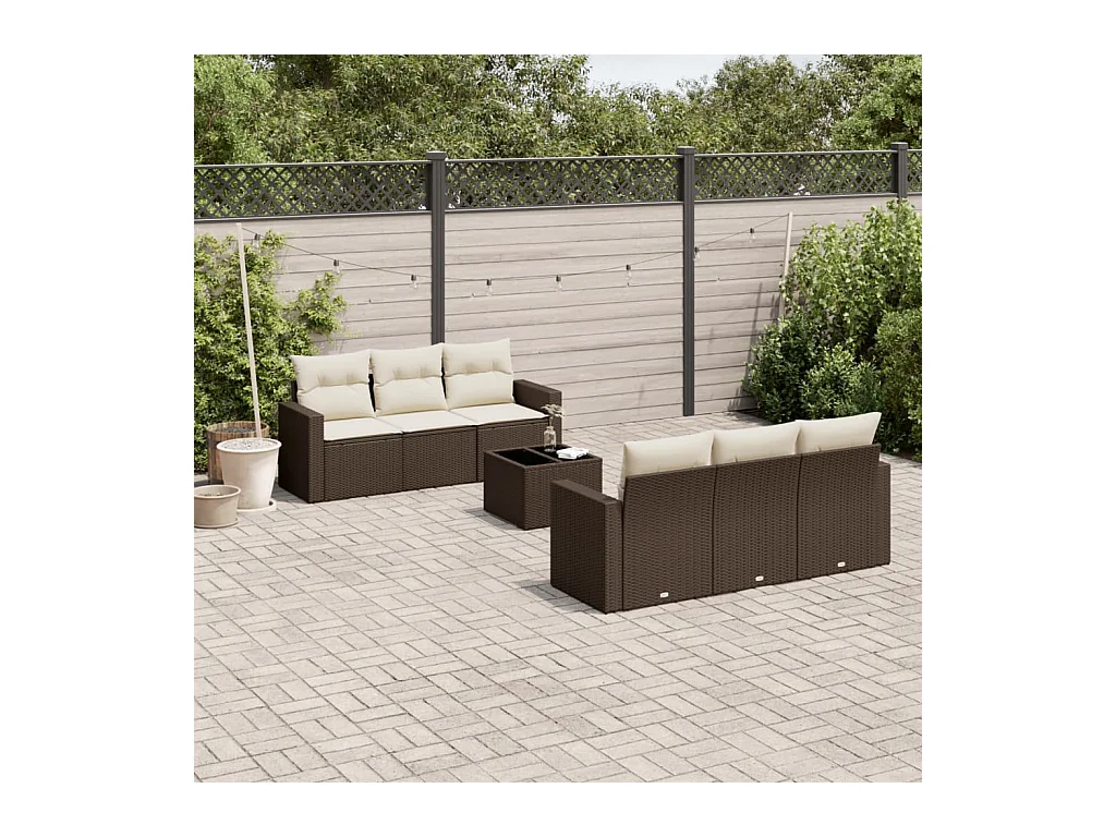 Salon de jardin avec coussins 7 pcs marron résine tressée