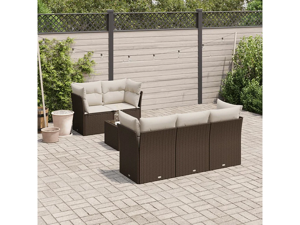 Salon de jardin avec coussins 6 pcs marron résine tressée