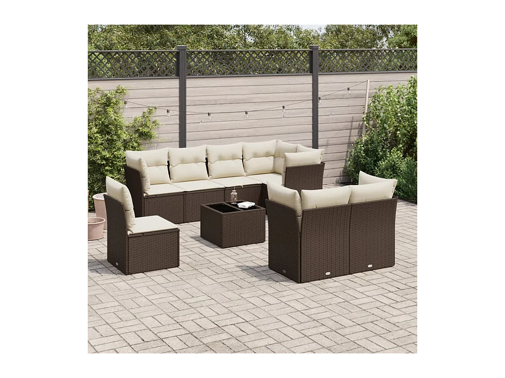 Salon de jardin avec coussins 9 pcs marron résine tressée