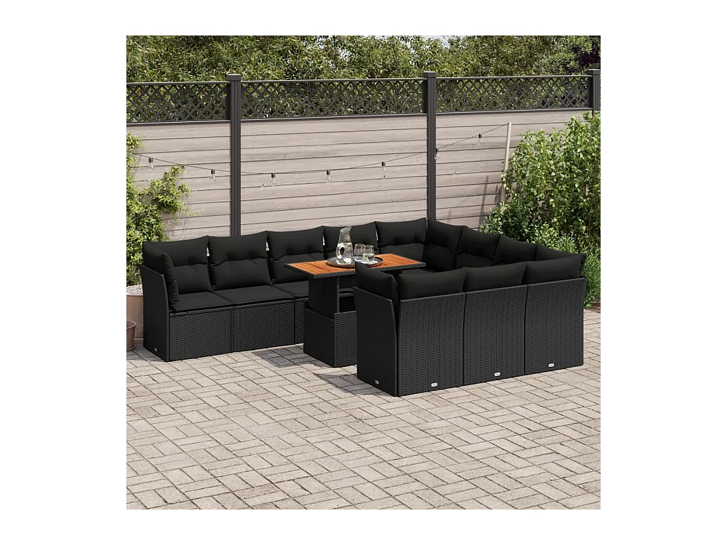Set di mobili da giardino da 11 pezzi con cuscini neri in resina intrecciata