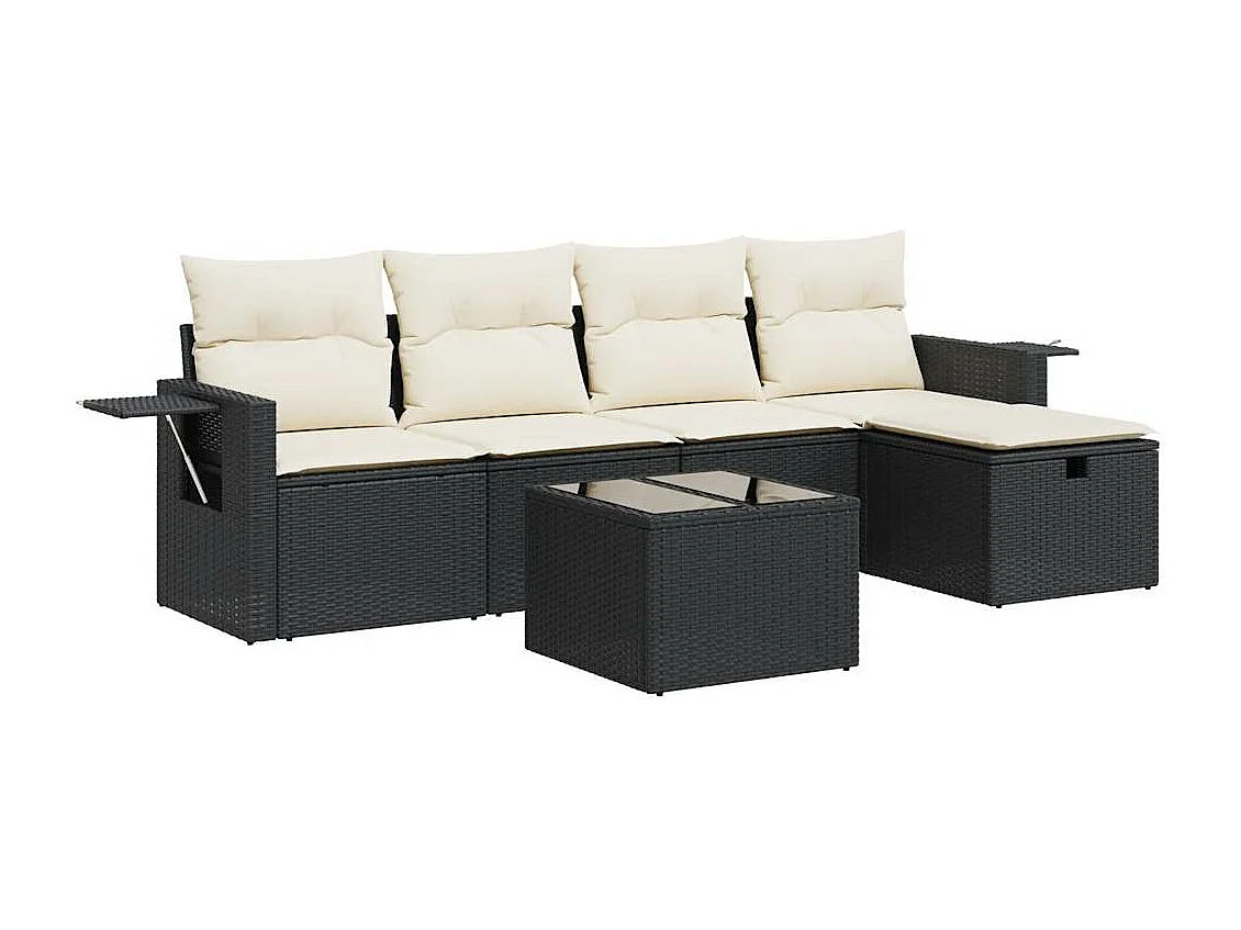 Salon de jardin 6 pcs avec coussins noir résine tressée