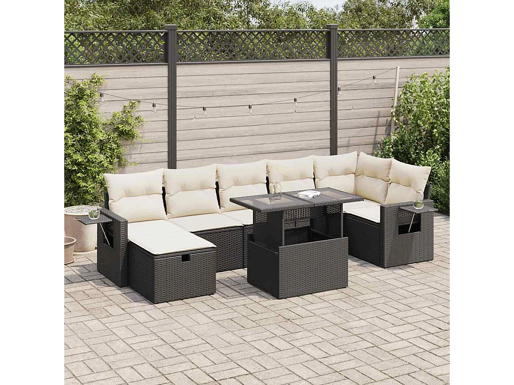 Salon de jardin 8 pcs avec coussins noir résine tressée