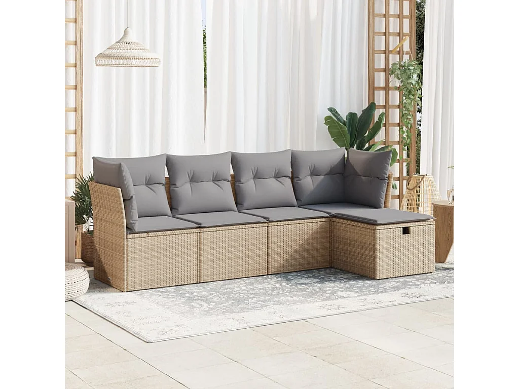 Salon de jardin avec coussins 5 pcs beige résine tressée