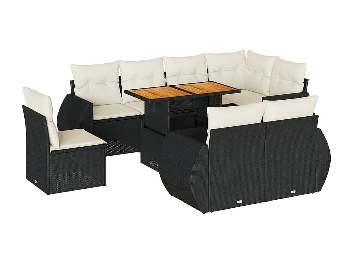 Salon de jardin 9 pcs avec coussins noir résine tressée