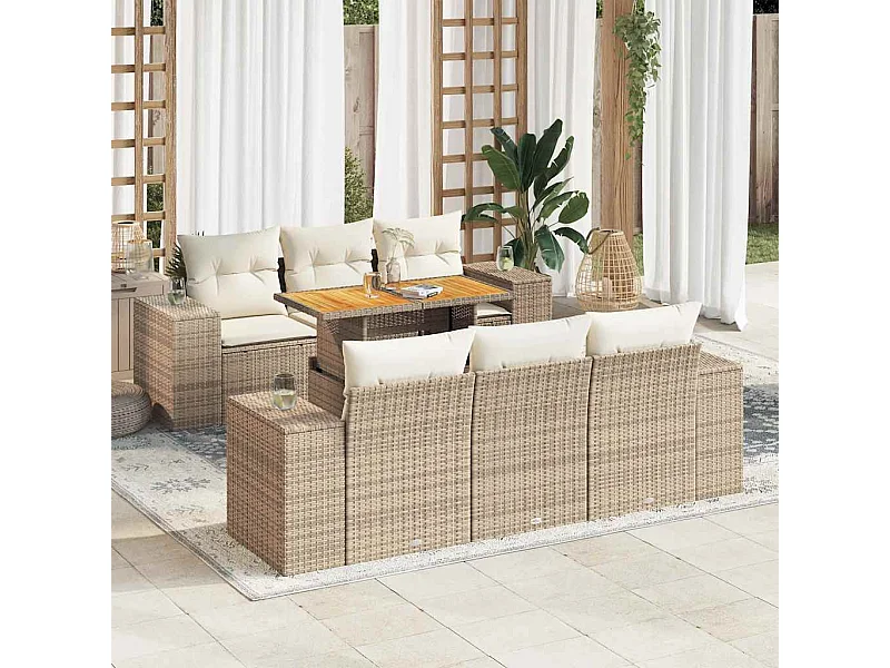 Set mobili da giardino con cuscini 7 pz beige resina intrecciata