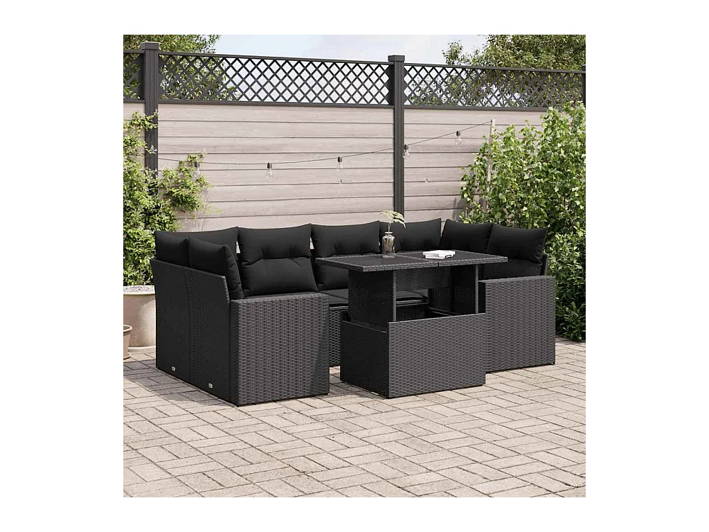 Set di mobili da giardino 7 pezzi con cuscini neri in resina intrecciata