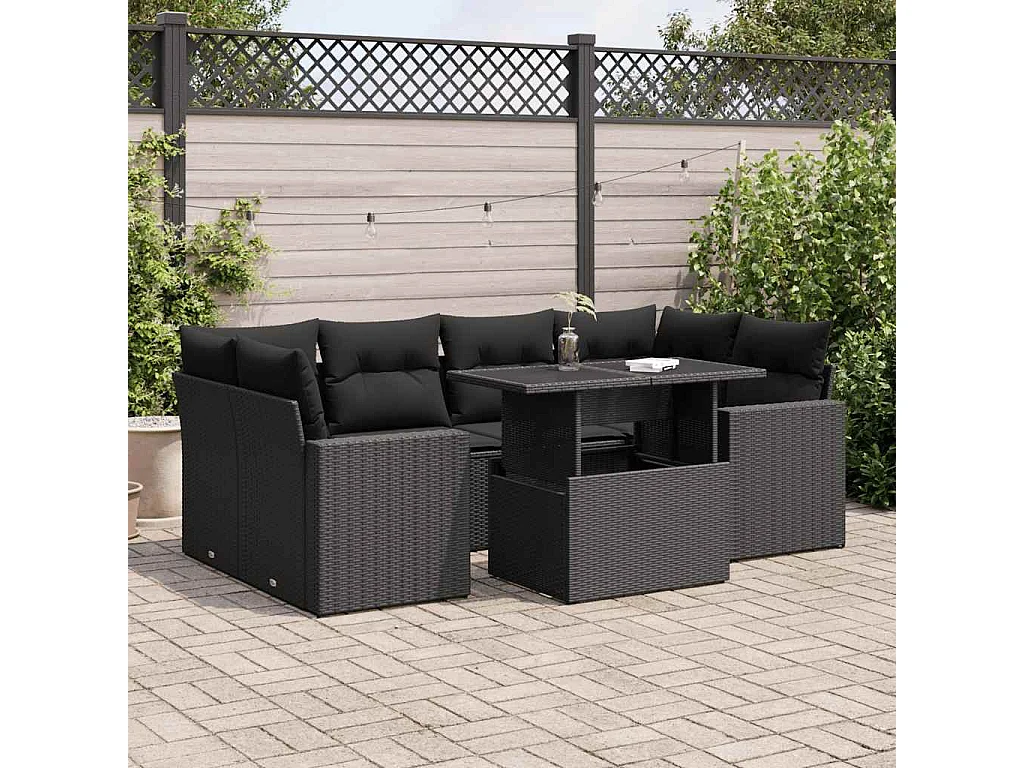 Conjunto de móveis de jardim de 7 peças com almofadas pretas em resina trançada
