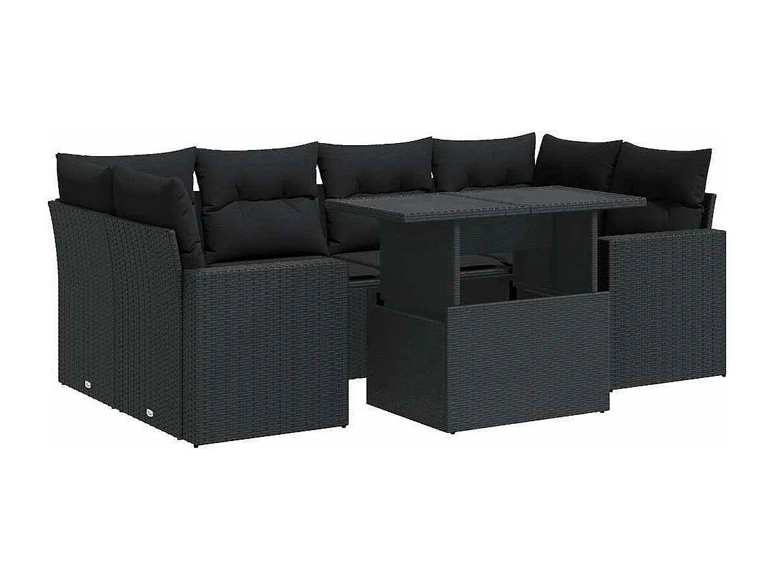 Conjunto de móveis de jardim de 7 peças com almofadas pretas em resina trançada