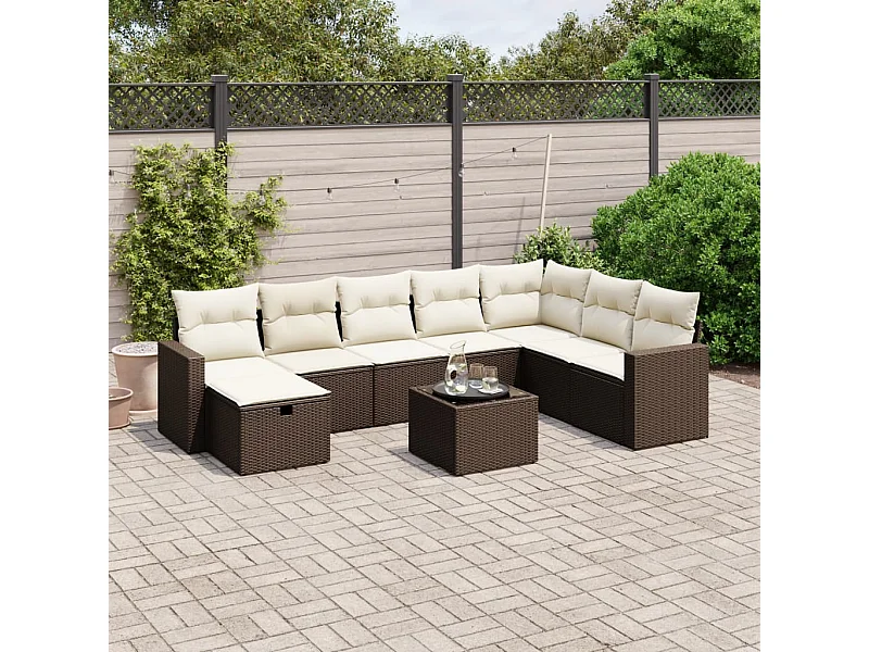 Salon de jardin avec coussins 9 pcs marron résine tressée