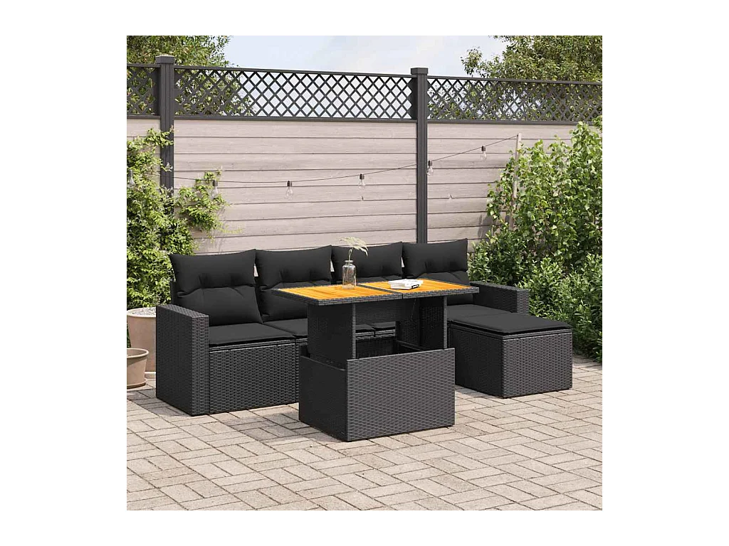 Salon de jardin 6 pcs avec coussins noir résine tressée