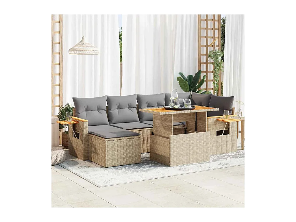 Set mobili da giardino con cuscini 7 pz beige resina vimini acacia