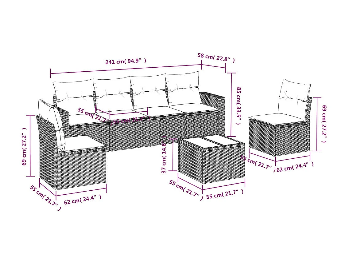 Salon de jardin avec coussins 7 pcs marron résine tressée