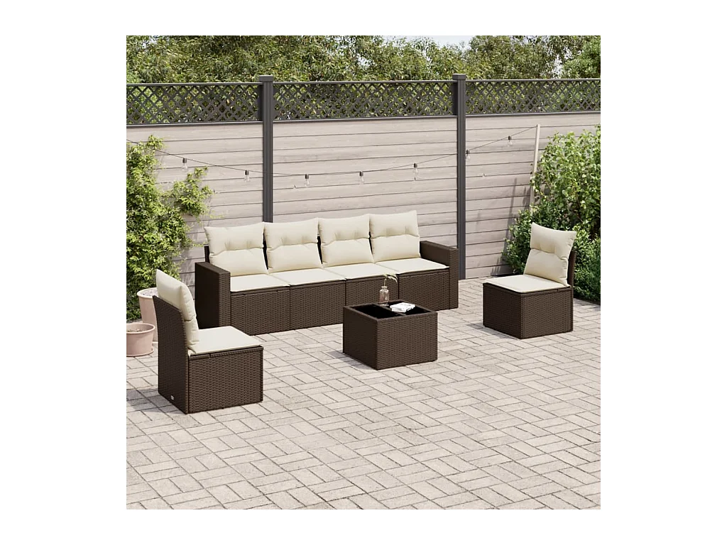 Salon de jardin avec coussins 7 pcs marron résine tressée