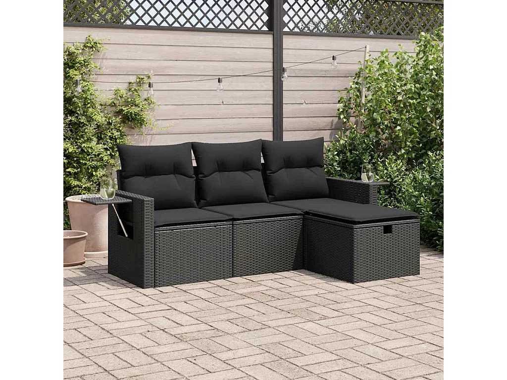 Salon de jardin 4 pcs avec coussins noir résine tressée