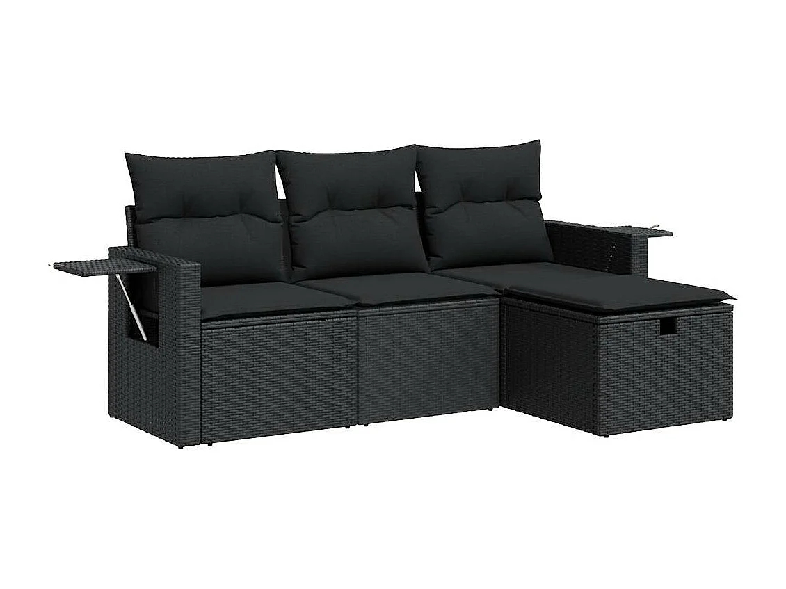 Salon de jardin 4 pcs avec coussins noir résine tressée